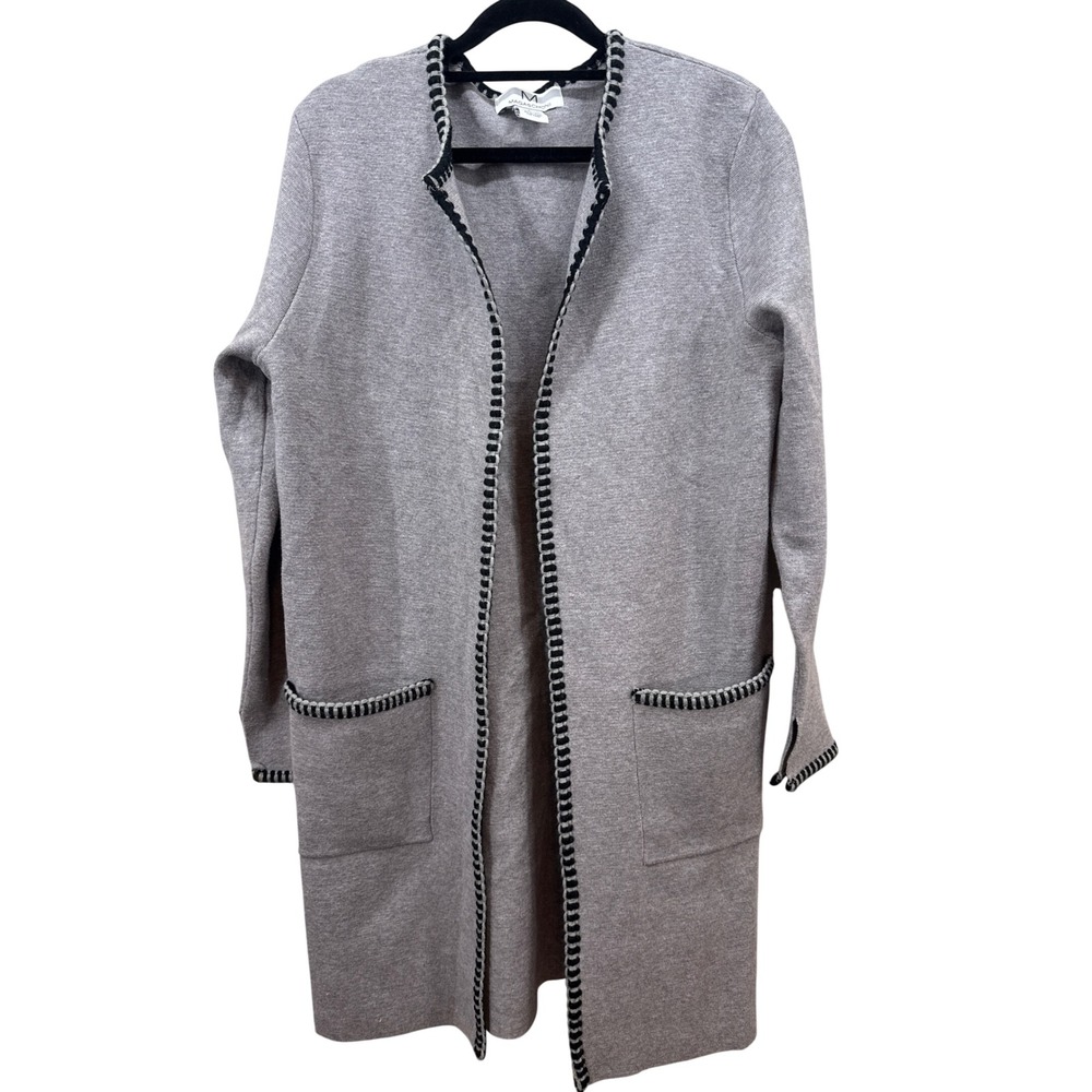Magaschoni Womens Grey Blanket Stitch Open Front Longline Duster Cardigan Small